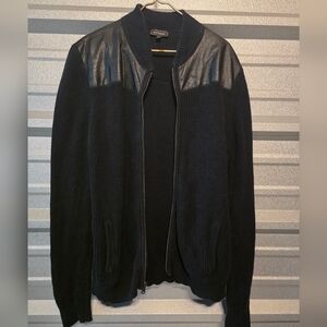 Express Black Ribbed Zip-Up Sweater with Leather Accents